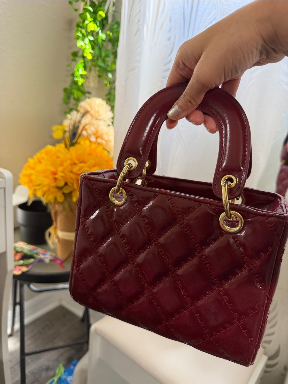 Quilted Patent Top-Handle Bag in Deep Burgundy